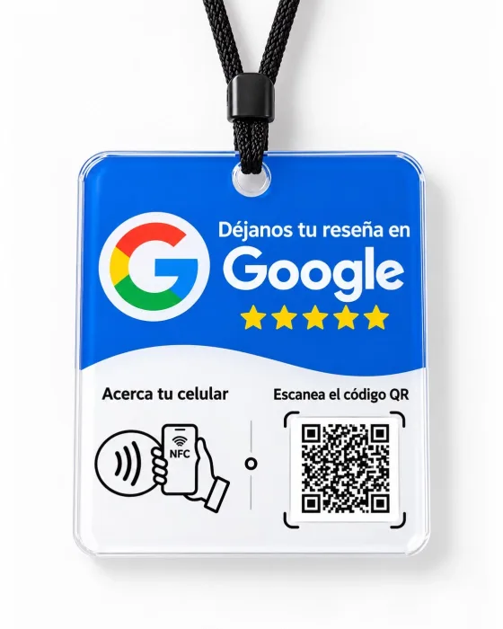 Cuadro NFC colgante con cordón negro, logo de Google, área NFC y código QR